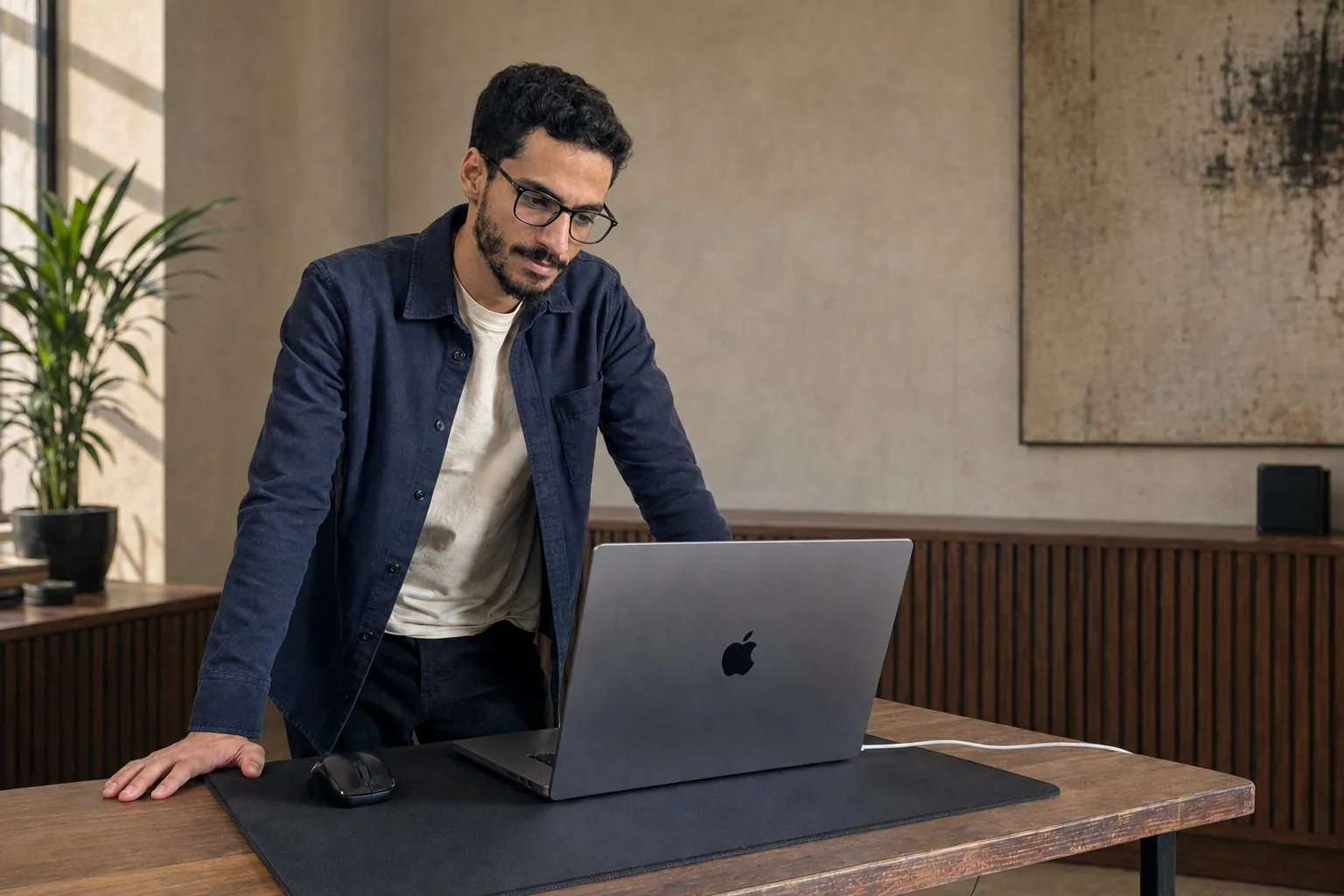 Mahmoud working on a laptop in the Kepler Dev studio.