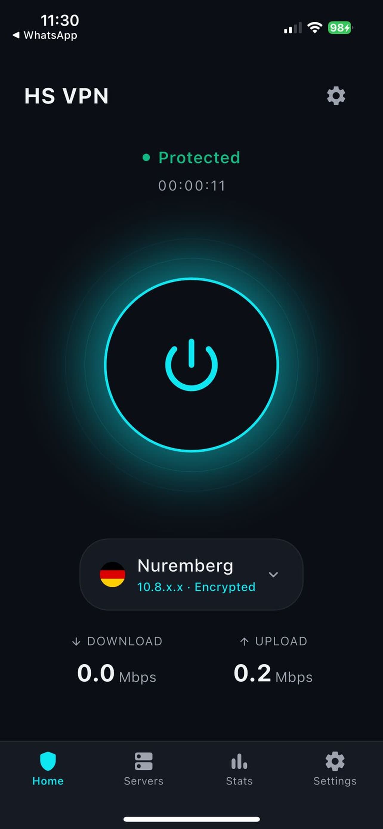 Earlier iOS HS VPN screen showing the connected dashboard and primary connection control.