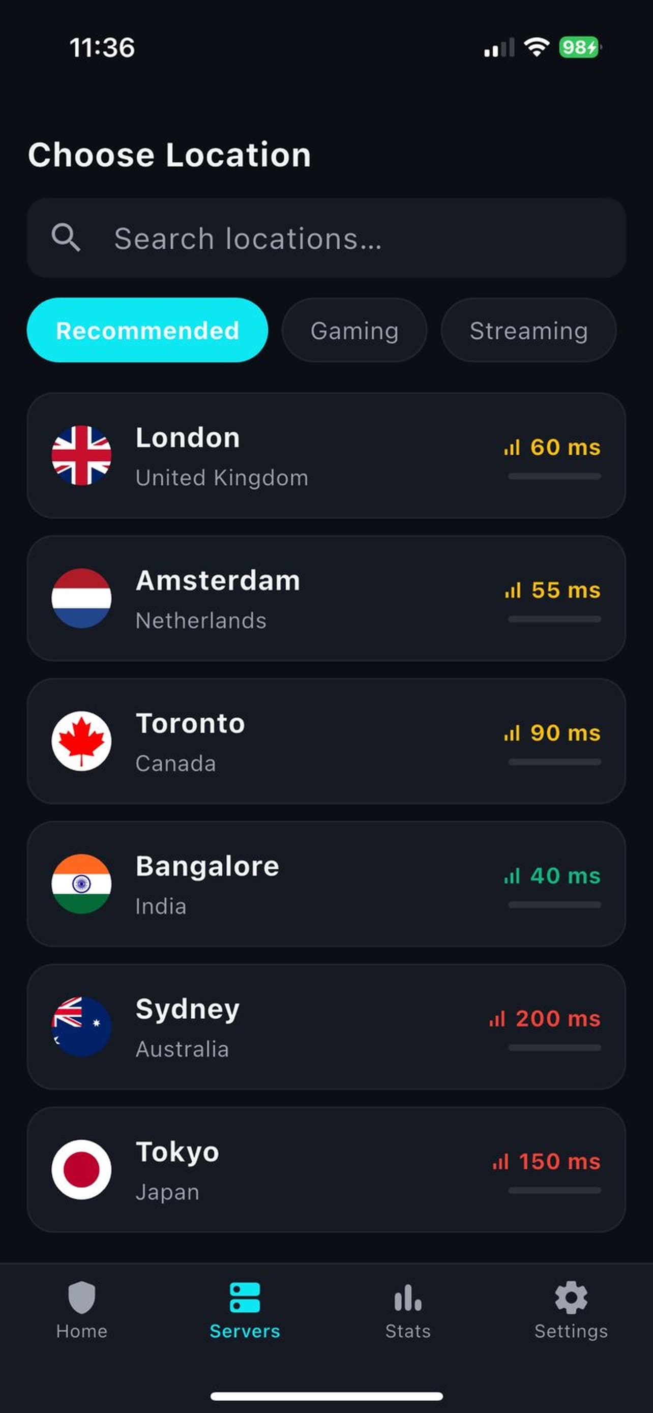 Earlier iOS TestFlight build showing the server selection screen with location list and live latency readouts.